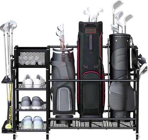 Recaceik Golf Storage Garage Organizer Large Size,Golf Bag Storage Stand and Other Golfing Accessories Rack, Metal with Wheels Golf Club Storage for Garage Shed and Basement (Black) in Saudi Arabia