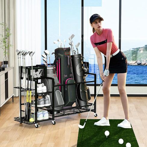 Recaceik Golf Storage Garage Organizer Large Size,Golf Bag Storage Stand and Other Golfing Accessories Rack, Metal with Wheels Golf Club Storage for Garage Shed and Basement (Black) in Saudi Arabia