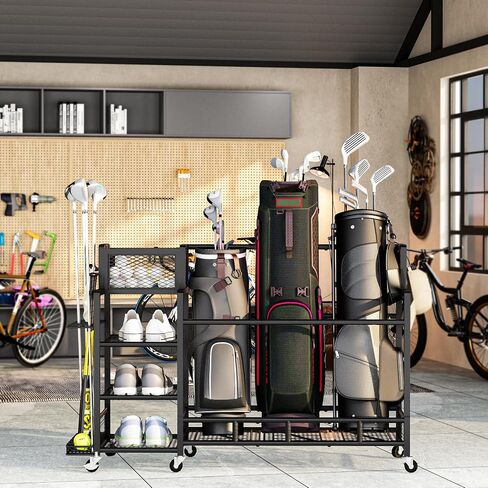 Recaceik Golf Storage Garage Organizer Large Size,Golf Bag Storage Stand and Other Golfing Accessories Rack, Metal with Wheels Golf Club Storage for Garage Shed and Basement (Black) in Saudi Arabia