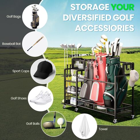Recaceik Golf Storage Garage Organizer Large Size,Golf Bag Storage Stand and Other Golfing Accessories Rack, Metal with Wheels Golf Club Storage for Garage Shed and Basement (Black) in Saudi Arabia