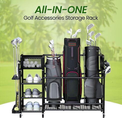 Recaceik Golf Storage Garage Organizer Large Size,Golf Bag Storage Stand and Other Golfing Accessories Rack, Metal with Wheels Golf Club Storage for Garage Shed and Basement (Black) in Saudi Arabia