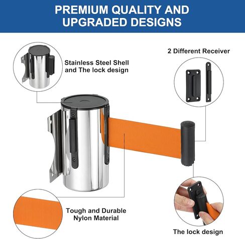 PATIKIL Fixed Wall Mount Retractable Belt Barrier, 2 Pcs 16.4 Feet Fixed Retractable Belt Barrier with Steel Case for Crowd Control Grocery Retail Store Stadium, Black/Dark Blue in Kuwait