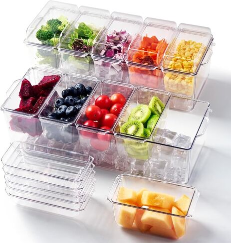 Chilled Condiment Tray Server with 5 Containers and Removable Compartments, Large Ice Chilled Condiment Organizer, Clear Garnish Serving Platter for Fruit, Salad, Food, Bar Accessories in Saudi Arabia