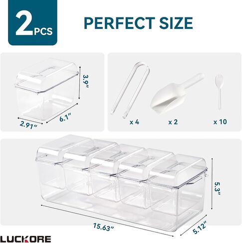 Chilled Condiment Tray Server with 5 Containers and Removable Compartments, Large Ice Chilled Condiment Organizer, Clear Garnish Serving Platter for Fruit, Salad, Food, Bar Accessories in Saudi Arabia