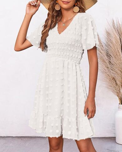 BTFBM Women's V Neck Smocked Short Sleeve Casual Dress Swiss Dot Swing Flowy Ruffle Hem Mini Beach Summer Dresses 2023 in Kuwait
