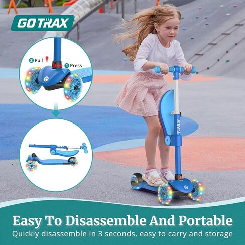 Gotrax KS3 Kids Kick Kick Scooter ، عجلات مضاءة LED ، مقودات قابلة للتعديل ، مقعد قابل للإزالة ، سطح السفينة المتهور ومتسع للانزلاق ، 3 عجلات دراجة نارية للأطفال الذين تتراوح أعمارهم بين 2 و 8 و 100 رطل (SkyBlue) in Kuwait