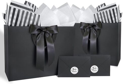 ZHIAXTON 2 PCS أكياس هدايا كبيرة كبيرة أسود ، حقيبة تسوق الورق Kraft مع ورق الأنسجة ، البطاقة والقوس ، 15.7x4.7x11 بوصة الأكياس السوداء مع مقابض لعيد ميلاد الرجال ، عيد الأب ، حفل زفاف ، حفل الذكرى in Kuwait