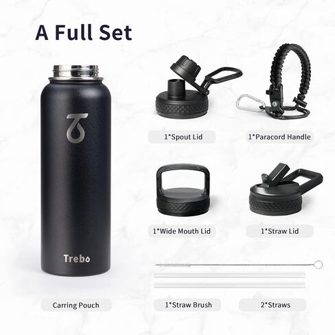 Trebo Water Bottle 64oz with Paracord Handle, Half Gallon Food-grade Triple Wall Vacuum Stainless Steel Insulated Jug with Holder Strap Straw Spout Handle Lids, Leakproof Keep Cold & Hot, Indigo/Black in Saudi Arabia