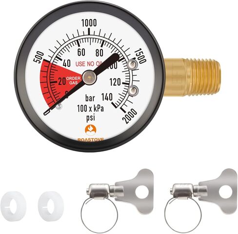 مقياس ضغط Roastove 2 بوصة لمنظم برميل البيرة CO2، مقياس منظم، 0-3000 رطل لكل بوصة مربعة، خيط اليد اليسرى، مع 2 حشوات إغلاق إضافية ومشابك خرطوم in Kuwait