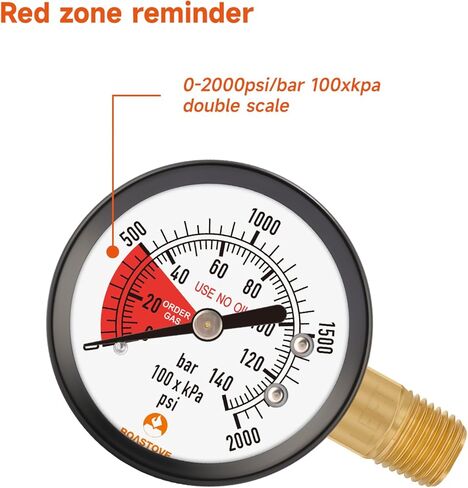 مقياس ضغط Roastove 2 بوصة لمنظم برميل البيرة CO2، مقياس منظم، 0-3000 رطل لكل بوصة مربعة، خيط اليد اليسرى، مع 2 حشوات إغلاق إضافية ومشابك خرطوم in Kuwait