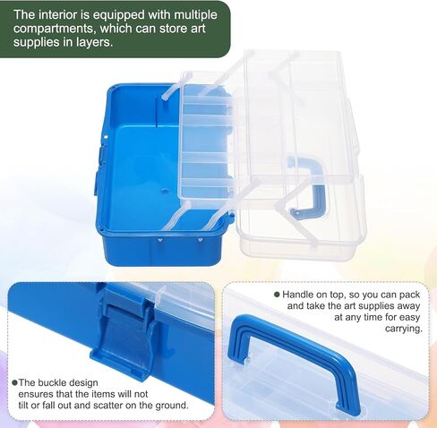 YOKIVE Art Supply Storage Organizer, Art Tool Storage Box 3-Tray Craft Box Art Supplies Organizer with Handle Buckle for Brushes Paints Stamps, Blue in Kuwait