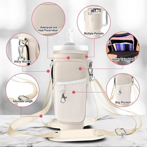 حقيبة حامل ستانلي لـ Stanley 40oz/30oztumbler مع الهاتف مع حزامين قابل للتعديل ، 3 جيوب زجاجة كأس الحاملة كيس وحالة ، إكسسوارات للمشي لمسافات طويلة in Kuwait