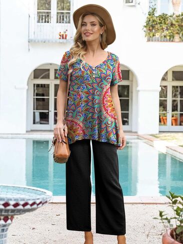 AWULIFFAN Womens Summer Short Sleeve Tunic Tops Loose Fit Casual T-Shirt Button Up Blouses in Kuwait