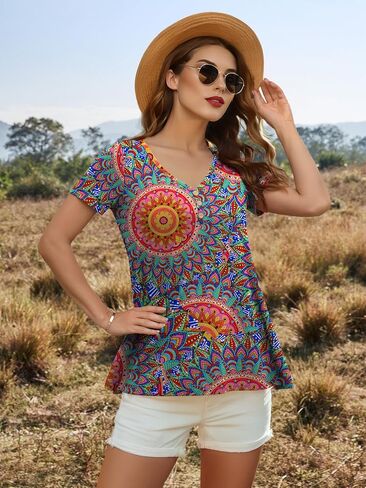 AWULIFFAN Womens Summer Short Sleeve Tunic Tops Loose Fit Casual T-Shirt Button Up Blouses in Kuwait