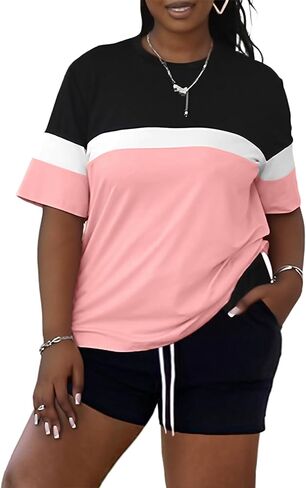 LovelyWholesale Womens 2 Piece Outfits Summer Tracksuits Plus Size Two Piece Outfit Color Block Tops and Short Sets in Saudi Arabia