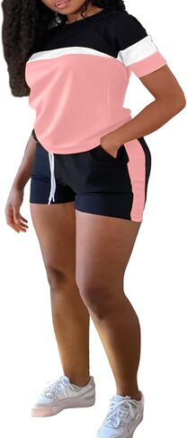 LovelyWholesale Womens 2 Piece Outfits Summer Tracksuits Plus Size Two Piece Outfit Color Block Tops and Short Sets in Saudi Arabia