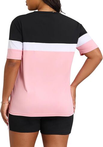 LovelyWholesale Womens 2 Piece Outfits Summer Tracksuits Plus Size Two Piece Outfit Color Block Tops and Short Sets in Saudi Arabia