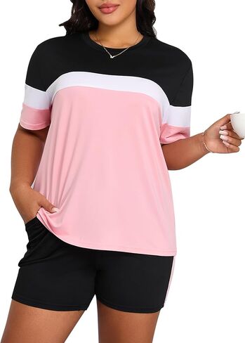 LovelyWholesale Womens 2 Piece Outfits Summer Tracksuits Plus Size Two Piece Outfit Color Block Tops and Short Sets in Saudi Arabia