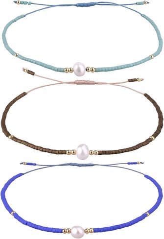 KELITCH 3 PCS Natural Pearls Bracelets Women Strand Thin Rope Friendship Bracelets Handmade Stack Charm Bracelets in Kuwait