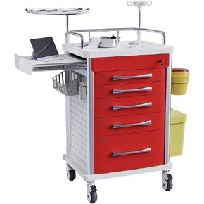 Medical Emergency Rolling Crash Cart with Drawers - Adjustable IV Pole, Silent Casters, Needle Disposal Holder, Trash Bin, O2 Holder, Nursing Trolley Cart for Clinic, Hospital, Salon