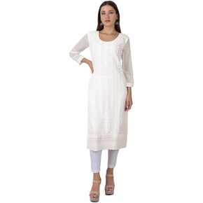 ladyline Womens Georgette Chiffon Chickankari & Sequins Work Kurti Tunic Kurta (White, 36)