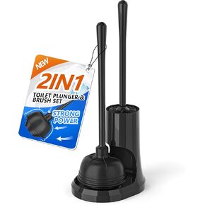 uptronic Toilet Plunger and Brush, Bowl Brush and Heavy Duty Toilet Plunger Set with Holder, 2-in-1 Bathroom Cleaning Combo with Modern Caddy Stand (Black, 1 Set)