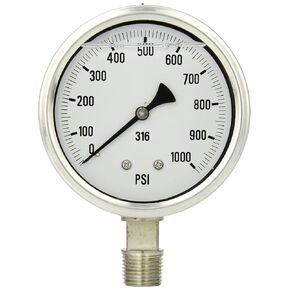 PIC Gauge S301L-402U 4" Dial, 0/10000 psi Range, 1/2" Male NPT Connection Size, Bottom Mount Single Scale Glycerine Filled Pressure Gauge with a Stainless Steel Case and Internals, Stainless Steel Bezel, and Polycarbonate Lens