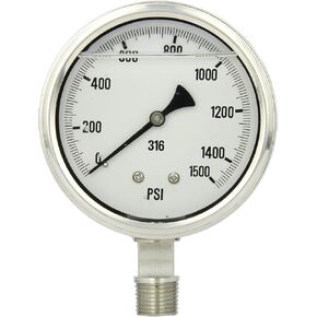 PIC Gauge S301L-402U 4" Dial, 0/10000 psi Range, 1/2" Male NPT Connection Size, Bottom Mount Single Scale Glycerine Filled Pressure Gauge with a Stainless Steel Case and Internals, Stainless Steel Bezel, and Polycarbonate Lens in Kuwait
