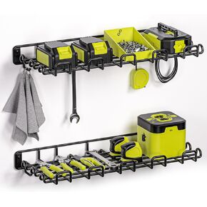 Power Tool Organizer, 8 Slot Drill Holder, 2 Pack 3 Layers Tool Storage Rack with Screwdriver/Plier/Hammer Hooks, 5 Min Quick Assembly, Metal Tool Utility Shelf in Garage Suitable for Shed