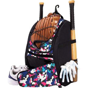 Softball Bag, Youth Softball Bag Baseball Bat Bag with Vented Shoe Compartment, Softball Equipment Bag TBall Bat with Fence Hook, for Batting Mitten, Helmet, Teeball Gear Adult Boys Girls Kid