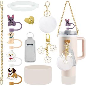 11 PCS Cup Accessories for Stanley Cup, Water Bottle Handle Strap for Stanley 30/40 oz tumbler with handle, including Straw Toppers, Silicone Cup Boot, Keychain Charms - White