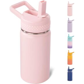 12oz Kids Water Bottle for School Boys&Girls, Leak-Proof Toddler Water Bottle, Stainless Steel Vacuum Insulated Bottle with Straws Lids, Pink