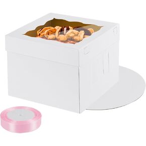 6 Pcs Corrugated Tall Cake Boxes in 2 Sizes 10x10x12 and 12x12x14 inch with Cake Boards, Large Cake Boxes with Stickers for Christmas Wedding Birthday Party