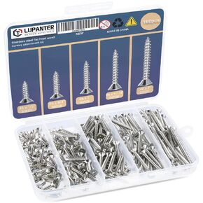 Wood Screws Assortment Kit, 180 PCS Stainless Steel Flat Head Wood Screws Set, Phillips Drive Assorted Screws,Including Sizes(#6 x 1/2, #6 x 3/4, #6 x 1, #6 x 1-1/4, #6 x 2 Inch)