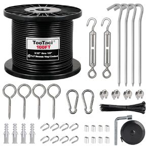 TooTaci 1/8" Wire Rope Kit, 200FT Black Vinyl Coated Stainless Steel Wire Cable, 7×7 Strands Core, M5 Turnbuckles for Cables Wire, Tension Wire for String Light Hanging Kit, Clothesline, Garden Wire