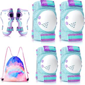 Knee Pads for Kids, ZOOBLISS Toddler Knee and Elbow Pads Set Wrist Guards for Skating Girls Aged 3-15, Kids Protective Gear for Roller Skates Skateboard Bike Scooter, Included Drawstring Bag (Rainbow)