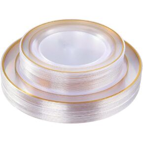 I00000 102 Pieces Gold Plastic Plates, Disposable Party Plates White Gold Rim, 51 Disposable Gold Dinner Plates 10.25 Inch and 51 Disposable Dessert Appetizer Elegant Fancy Wedding Plates 7.5 Inch