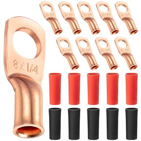 Maxdot 10 Pack UL Test Wire Lugs 8 Gauge Stud Ring Terminals Heavy Duty Copper Crimp Lugs Welding Cable Bare Copper Eyelet Lug with Heat Shrink Black, Red(8 AWG 1/4 Ring)