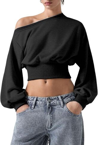 Verdusa Women's One Shoulder Long Sleeve Crop Sweatshirt Top Casual Pullovers in Kuwait