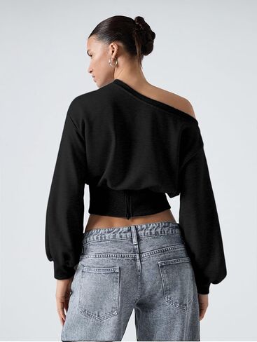 Verdusa Women's One Shoulder Long Sleeve Crop Sweatshirt Top Casual Pullovers in Kuwait