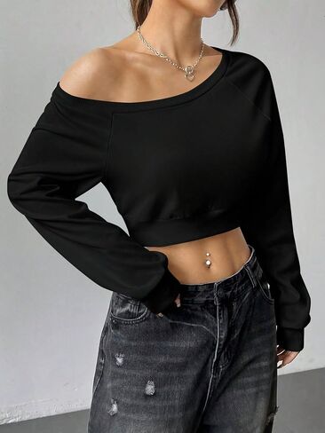 Verdusa Women's One Shoulder Long Sleeve Crop Sweatshirt Top Casual Pullovers in Kuwait