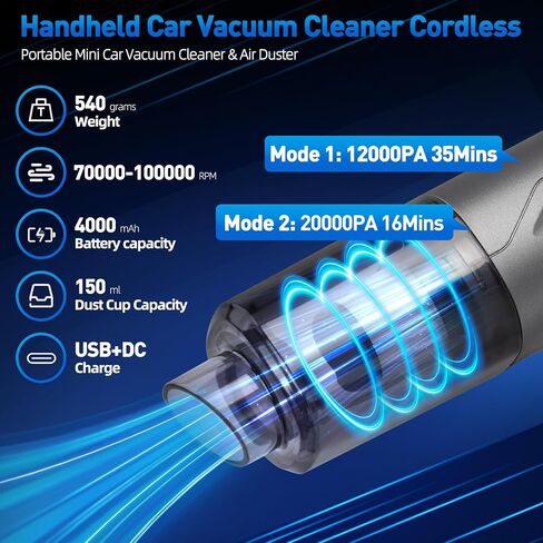 Handheld Car Vacuum Cleaner Cordless, High-Power Brushless 20000PA Mini Hand Held Vacuum Cleaner with 8 Multi-Functional Nozzle & 2 Replaceable Filters, Portable Vacuum Cleaner for Car Office Pet Hair in Saudi Arabia
