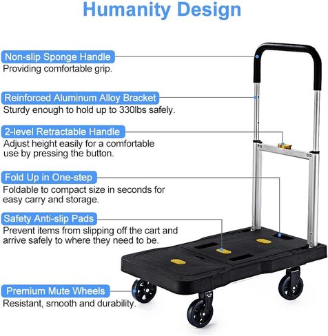 Platform Truck Folding Hand Truck 330 LB Heavy Duty Utility Dolly Flatbed Luggage Push Cart Fully Folded Compact Cart, Portable Trolley with 1 Elastic Ropes, Easy Storage & Lightweight for Moving in Saudi Arabia
