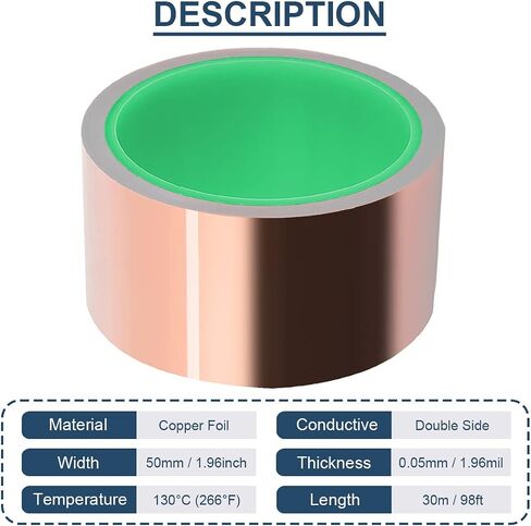 Copper Foil Tape (30mm x 30m) 0.05mm Thickness with Double-Sided Conductive Tape for Guitar & EMI Shielding, Paper Circuits, Garden, Electrical Repairs in Saudi Arabia