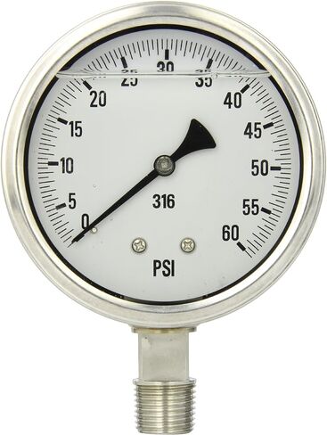 مقياس PIC S301L-402U مقاس 4 بوصات، نطاق 0/10000 رطل لكل بوصة مربعة، حجم اتصال NPT ذكر 1/2 بوصة، مقياس ضغط مملوء بالغليسيرين بمقياس واحد في الأسفل مع علبة من الفولاذ المقاوم للصدأ وأجزاء داخلية، إطار من الفولاذ المقاوم للصدأ، وعدسة بولي كربونات in Kuwait