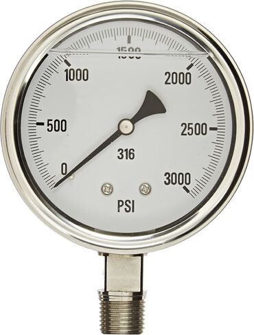 مقياس PIC S301L-402U مقاس 4 بوصات، نطاق 0/10000 رطل لكل بوصة مربعة، حجم اتصال NPT ذكر 1/2 بوصة، مقياس ضغط مملوء بالغليسيرين بمقياس واحد في الأسفل مع علبة من الفولاذ المقاوم للصدأ وأجزاء داخلية، إطار من الفولاذ المقاوم للصدأ، وعدسة بولي كربونات in Kuwait