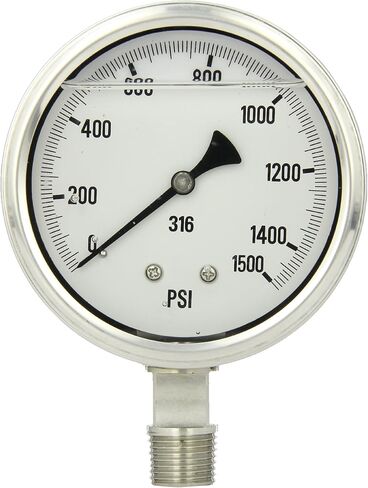 PIC Gauge S301L-402U 4" Dial, 0/10000 psi Range, 1/2" Male NPT Connection Size, Bottom Mount Single Scale Glycerine Filled Pressure Gauge with a Stainless Steel Case and Internals, Stainless Steel Bezel, and Polycarbonate Lens in Kuwait