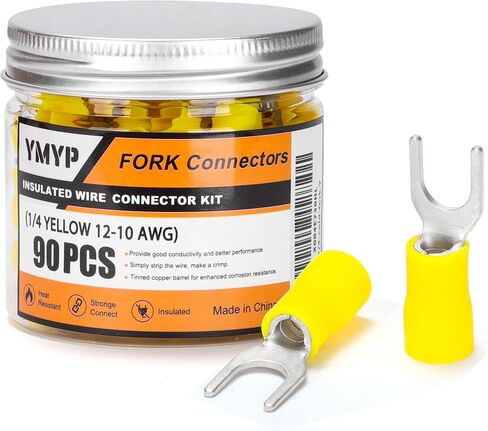 90PCS Fork Wire Connectors Insulated - Yellow 12-10 AWG M4 Stud Size #8 - U-Type Tinned Copper Spade Electrical Crimp PVC Terminals in Saudi Arabia