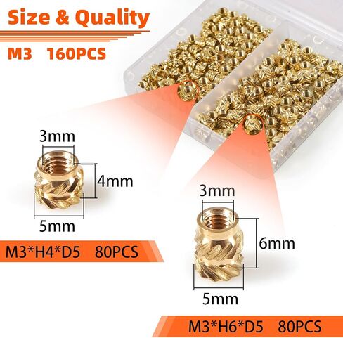 Threaded Inserts Assortment Kit, Female Thread Metric Knurled Nuts and Heat Set Insert Tips totalling 330+6 Pcs, M2M2.5M3M4M5 Heat Embedment Brass Nuts for Plastic and 3D Printing Components in Saudi Arabia
