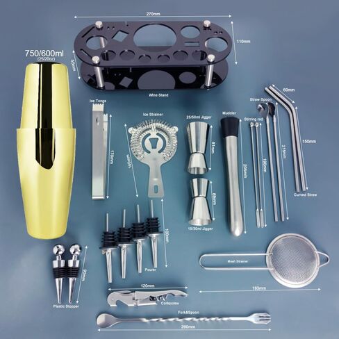 مجموعة شيكر الكوكتيل مكونة من 22 قطعة، طقم نادل 25/20 أونصة، مجموعات أدوات بار من الفولاذ المقاوم للصدأ لخلط المشروبات، شيكر كوكتيل بوسطن مع كتيب وصفات حامل (سيفر 25-20 أونصة) in Kuwait
